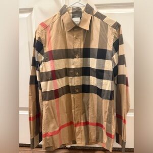 Burberry Khaki Plaid Dress Shirt with Black and Red Stripes